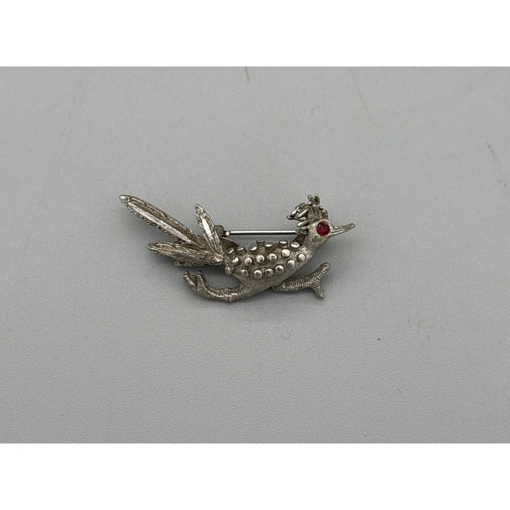 Vintage Silver Tone‎ Roadrunner Red Eye Rhinestone Bird Pin Brooch 1.5"